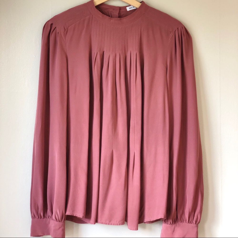 SEE by Chloe Pleated Hammered-Silk Blouse